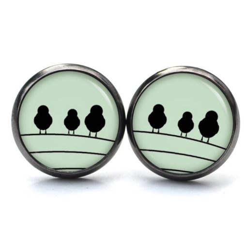 Druckknopf Ohrstecker Ohrhänger Clipse 3 Vögel auf dem Drahtseil grün schwarz