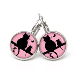 Druckknopf Ohrstecker Ohrhänger Clipse Katze und Babykatze mit Schmetterling in rosa
