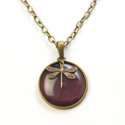 Vintage Halskette in violett mit Libelle - Bronze oder Edelstahl